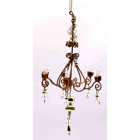 Chandelier Ornate Crystal Bead Ornament Mini Decor Doll House Holiday Gold Tone - Picture 1 of 9